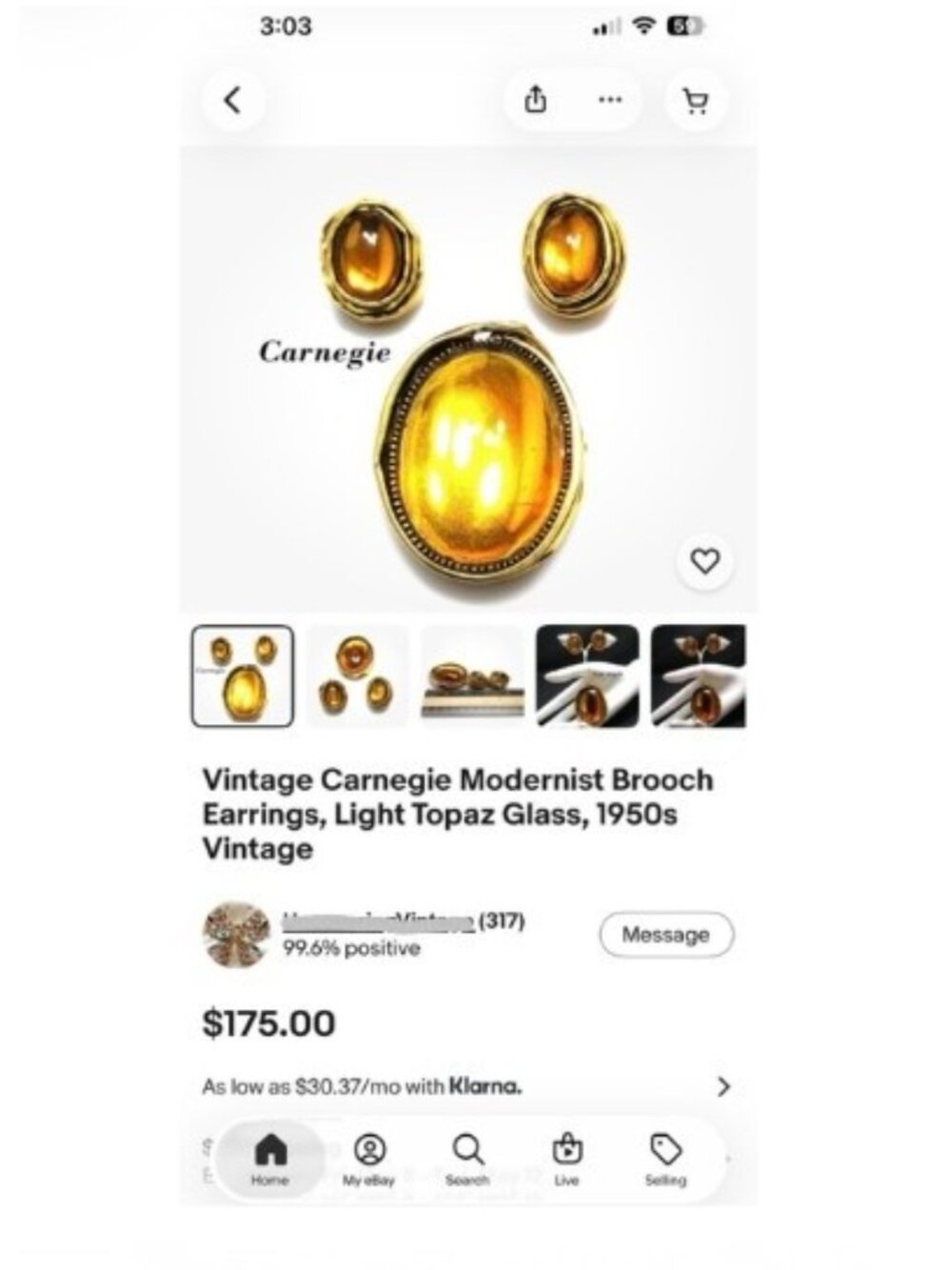 Mid‑Century Carnegie‑Style Brutalist Brooch & Clip Earrings Set w/ Amber Glass - Picture 14 of 15